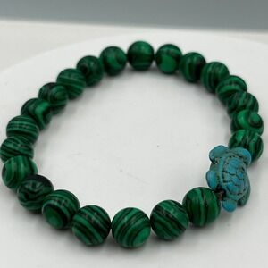 Vintage Green Striped Beads Stretch Bracelet with Turquoise Turtle Charm Classic